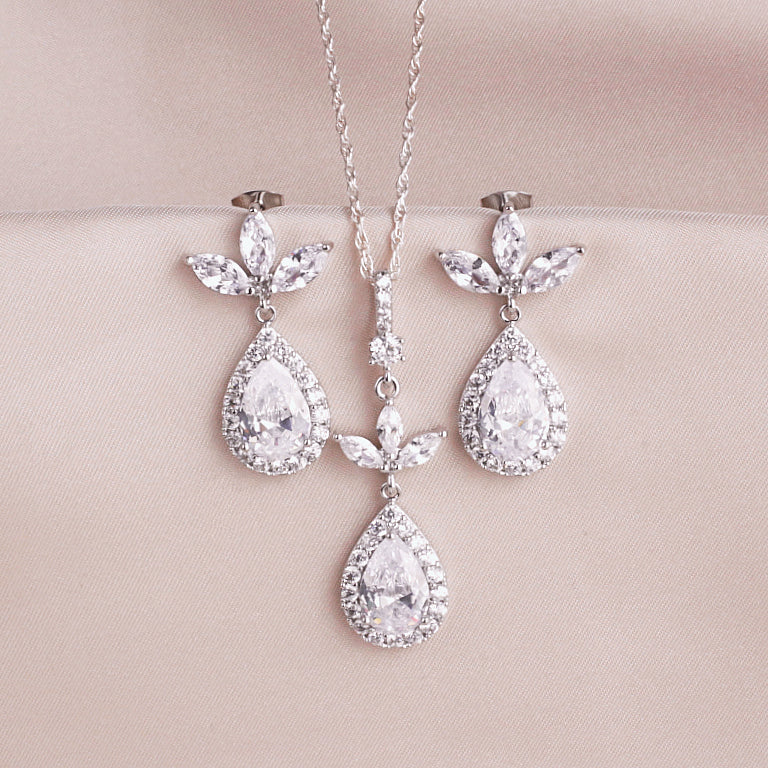Silver Crystal Dangle Earring & Necklace Set