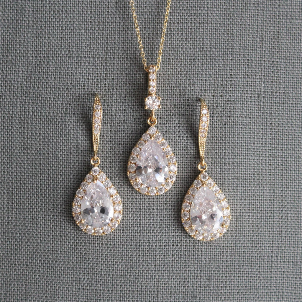 Bridal Gold Crystal Dangle Earring and Necklace Set