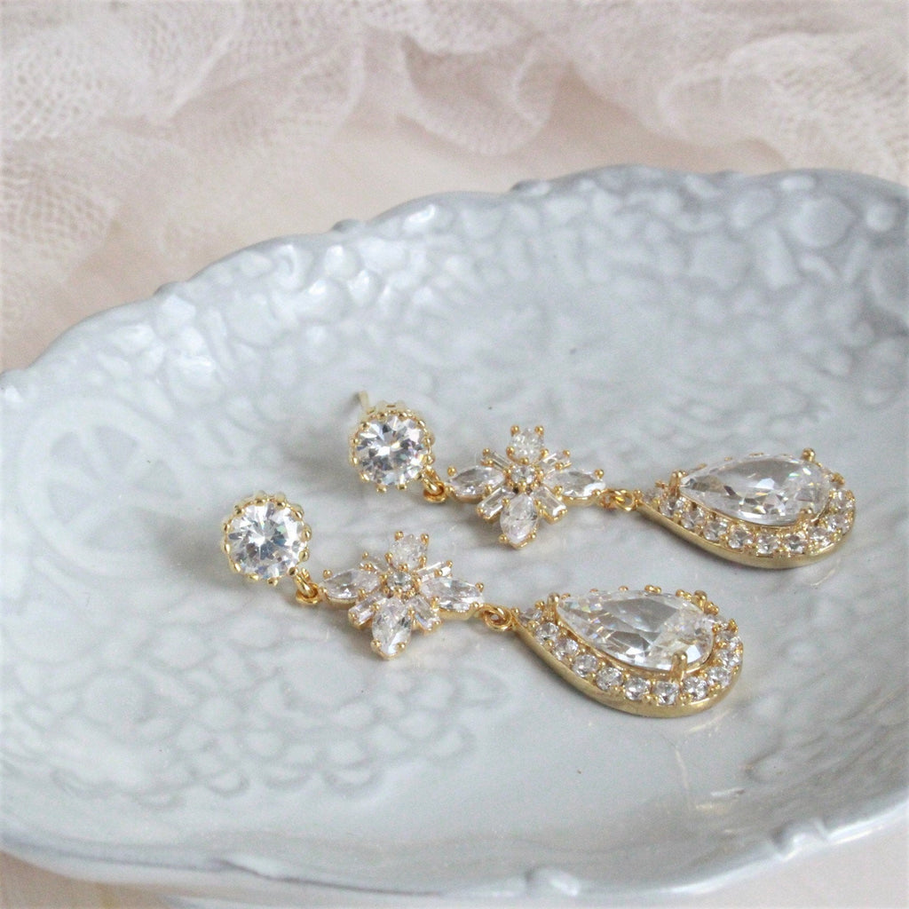  Bridal Gold Crystal Dangle Earrings