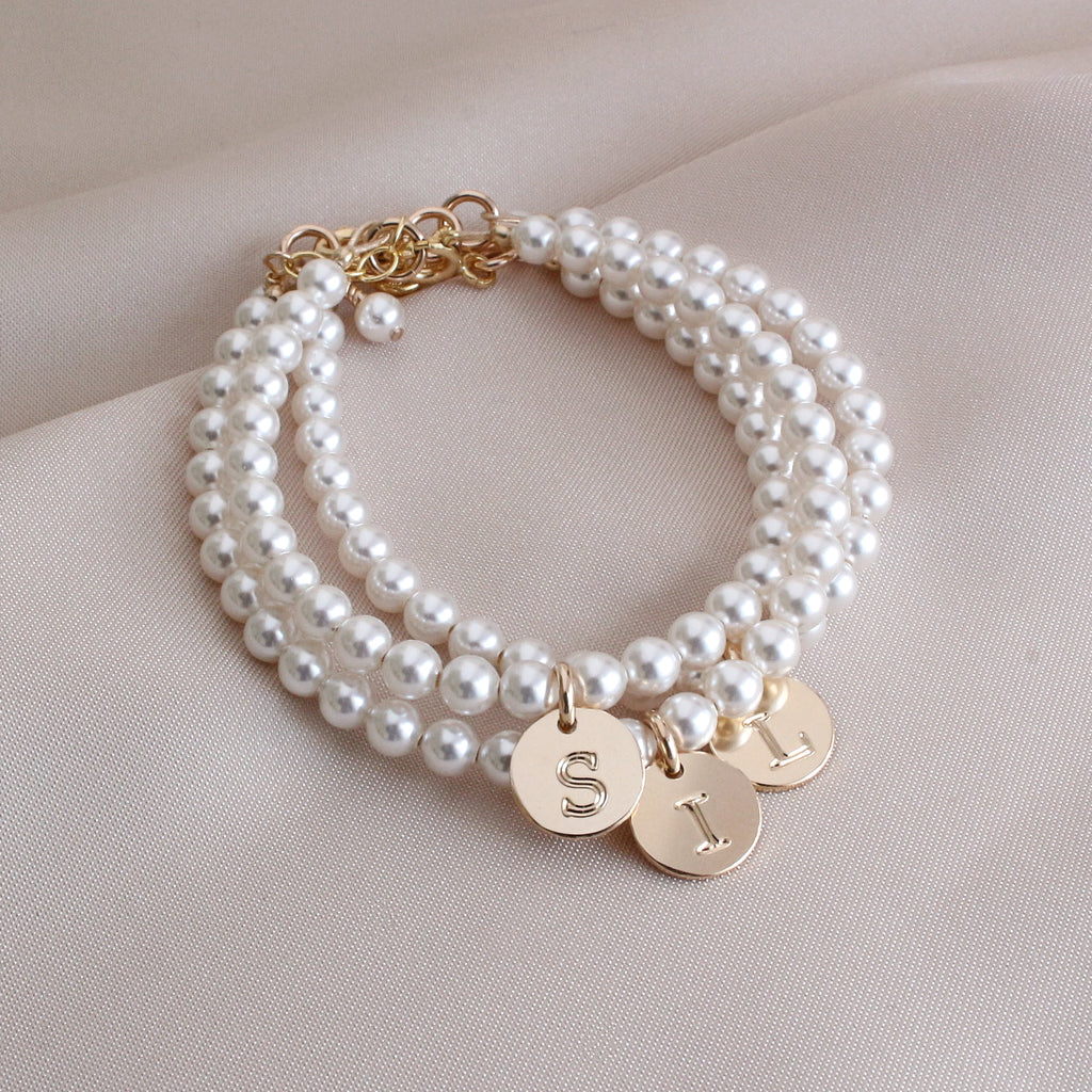 Flower Girl Crystal Pearl Gold Initial Bracelet