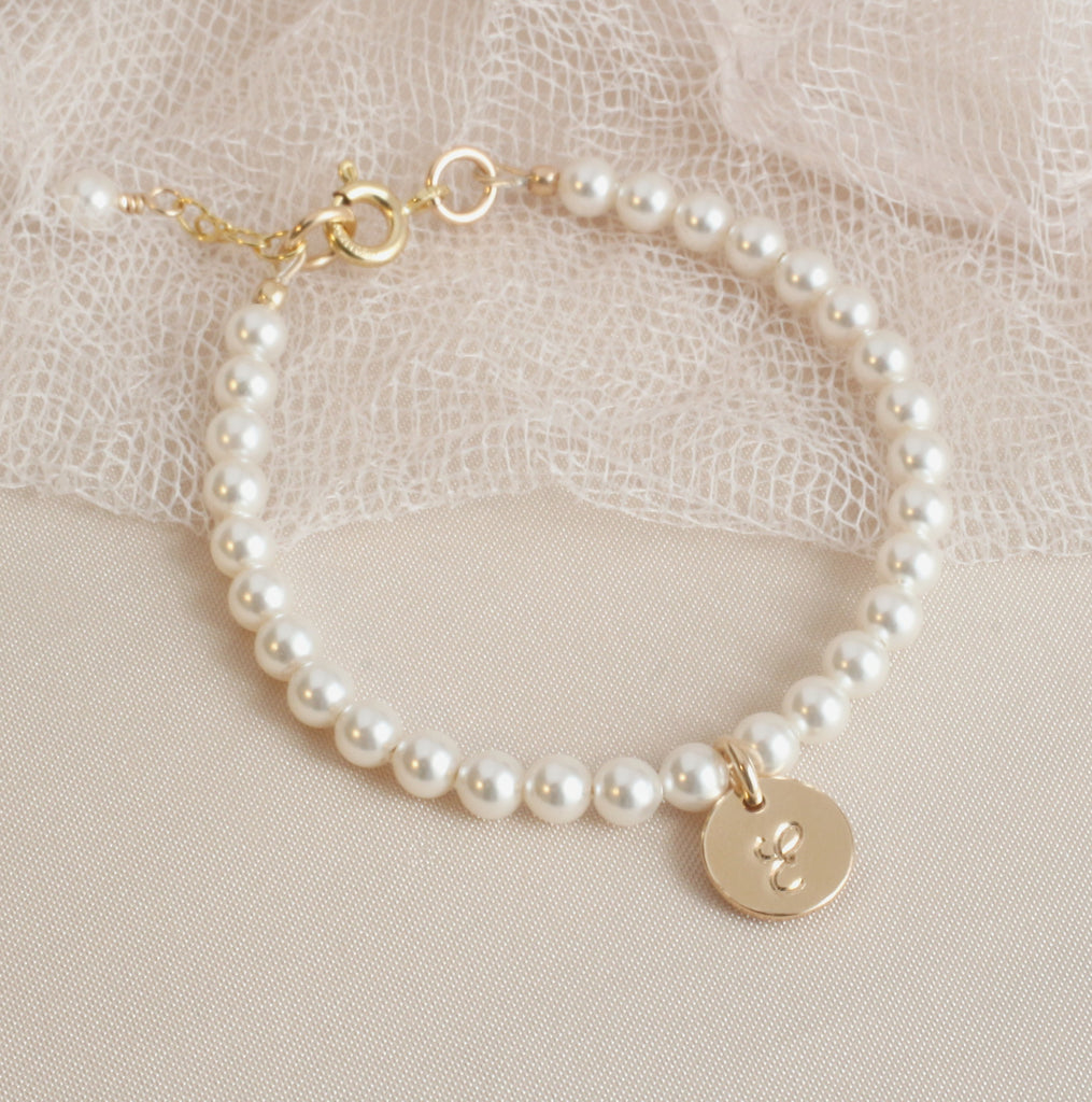 Flower Girl Crystal Pearl Gold Initial Bracelet