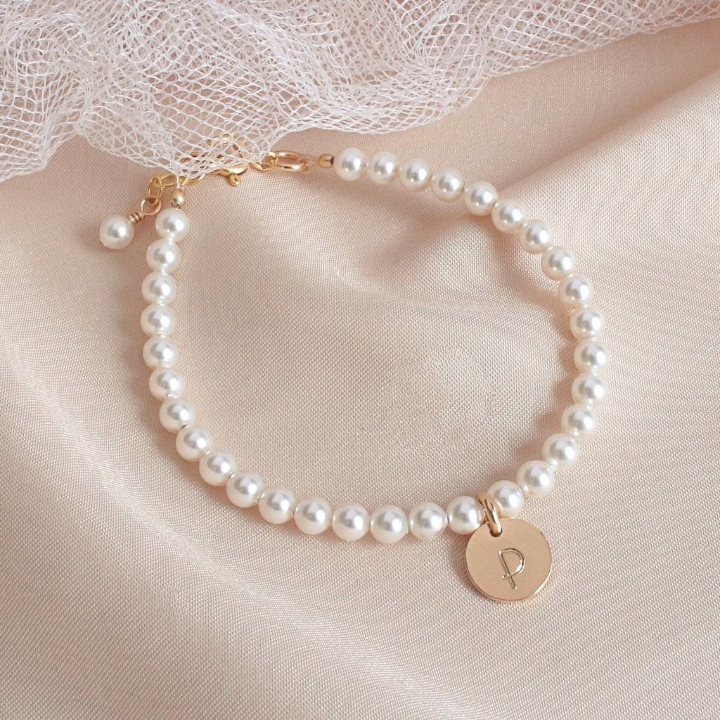 Flower Girl Crystal Pearl Gold Initial Bracelet