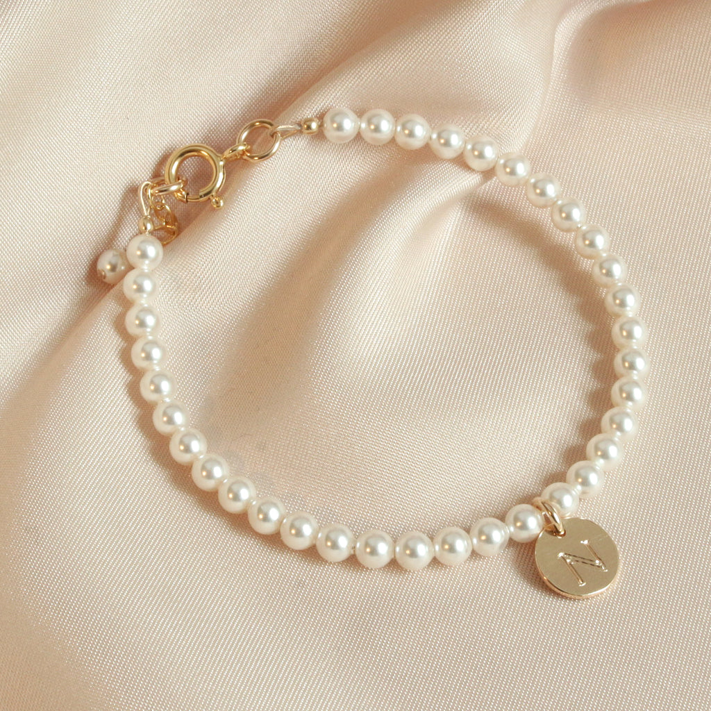 Flower Girl Crystal Pearl Gold Initial Bracelet