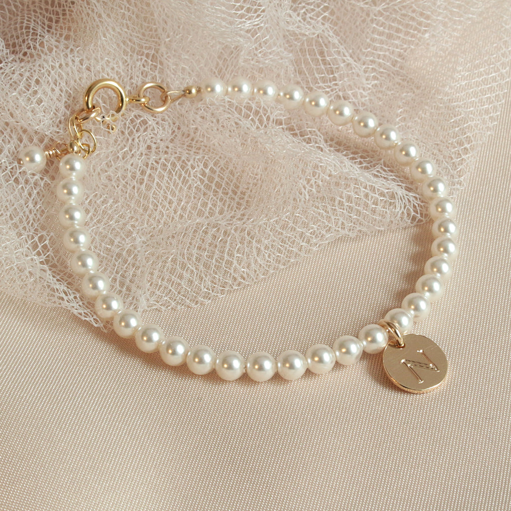 Flower Girl Crystal Pearl Gold Initial Bracelet