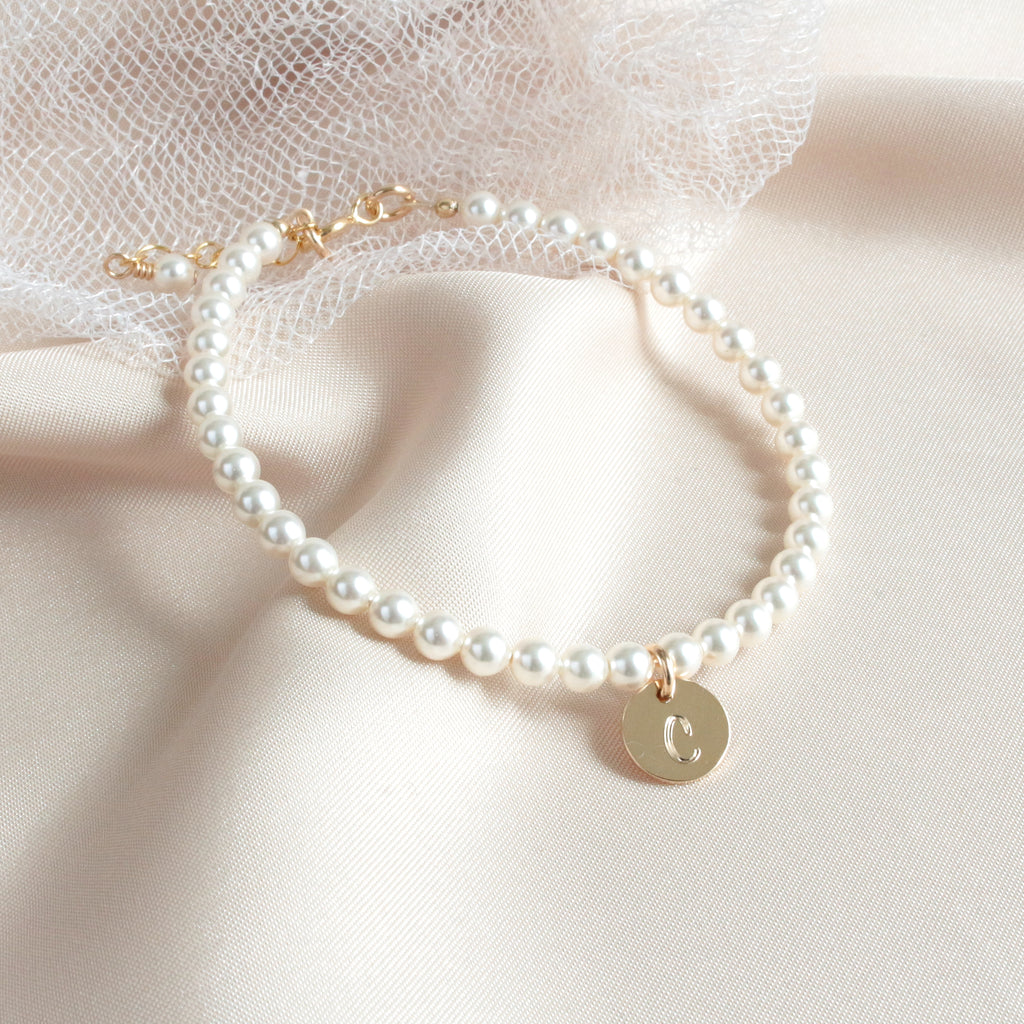 Flower Girl Crystal Pearl Gold Initial Bracelet