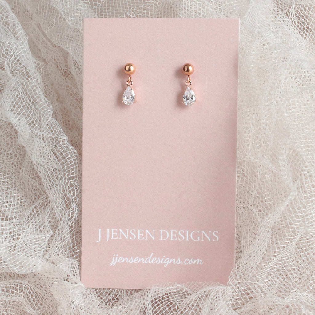 Dainty Rose Gold Tiny Crystal Teardrop Post Earrin