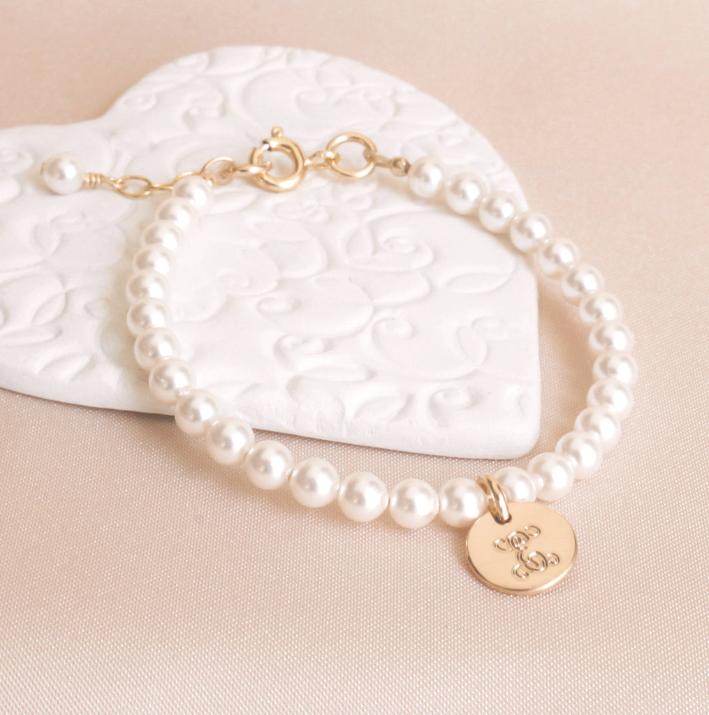 Flower Girl Crystal Pearl Gold Initial Bracelet