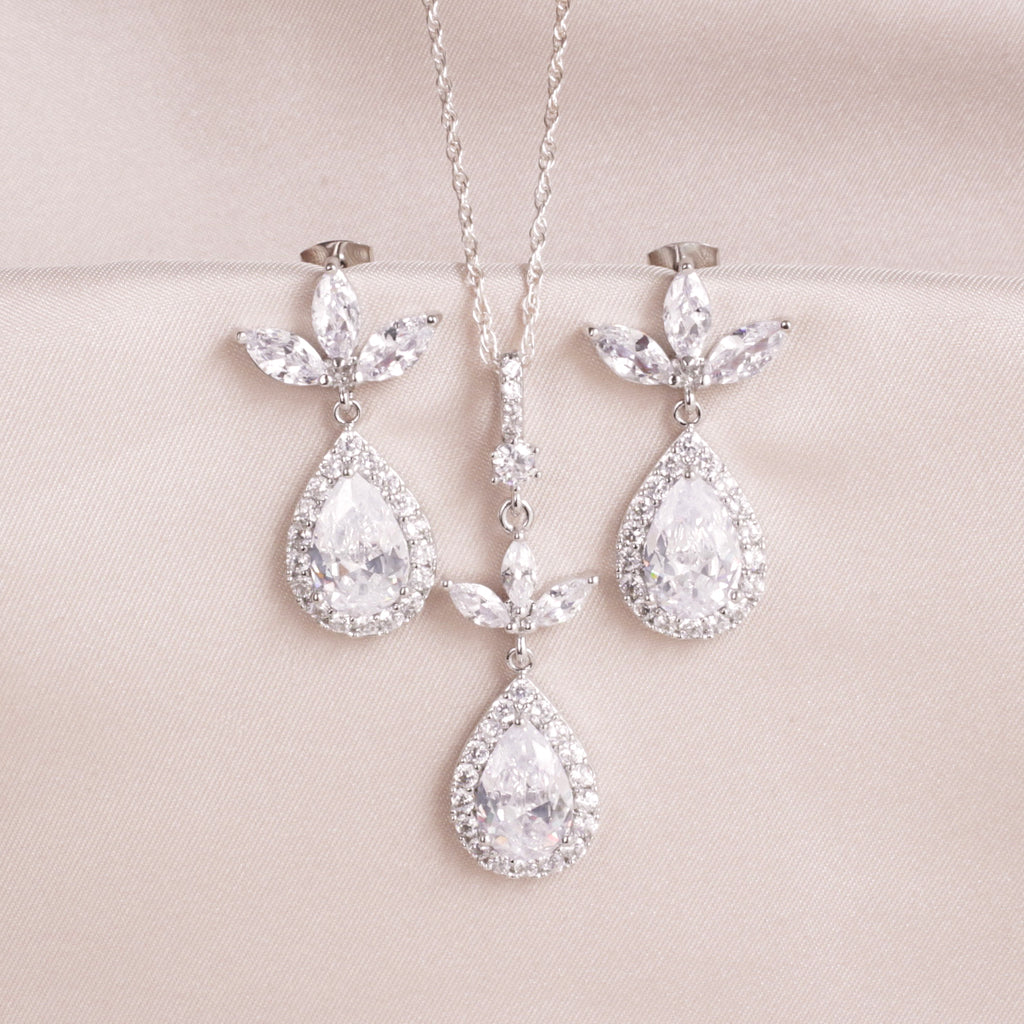 Silver Crystal Dangle Earring & Necklace Set