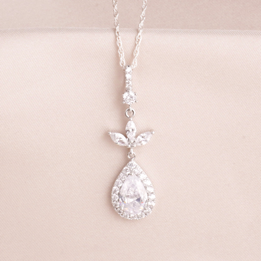 Silver Crystal Leaf Necklace 