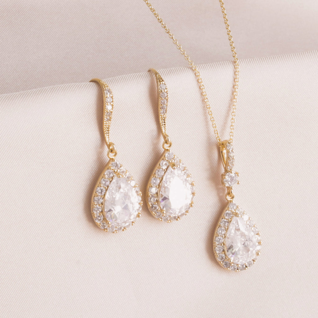 Bridal Gold Crystal Dangle Earring and Necklace Set