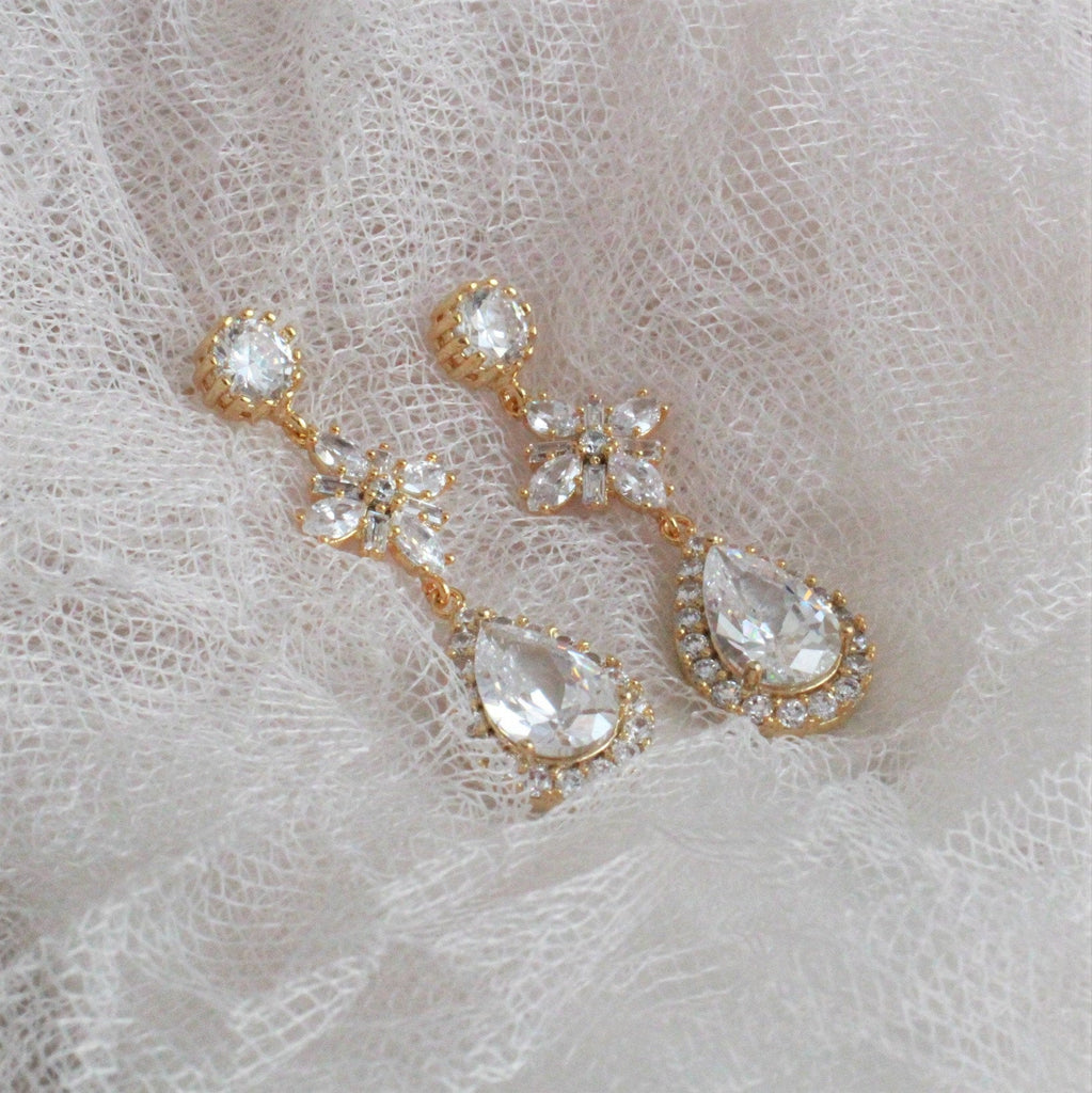 Bridal Gold Crystal Dangle Earrings