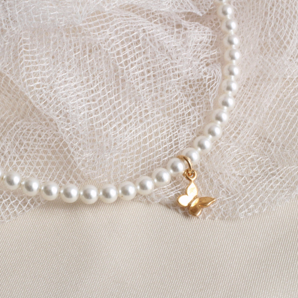 White Pearl and Rose Gold Butterfly Necklace 